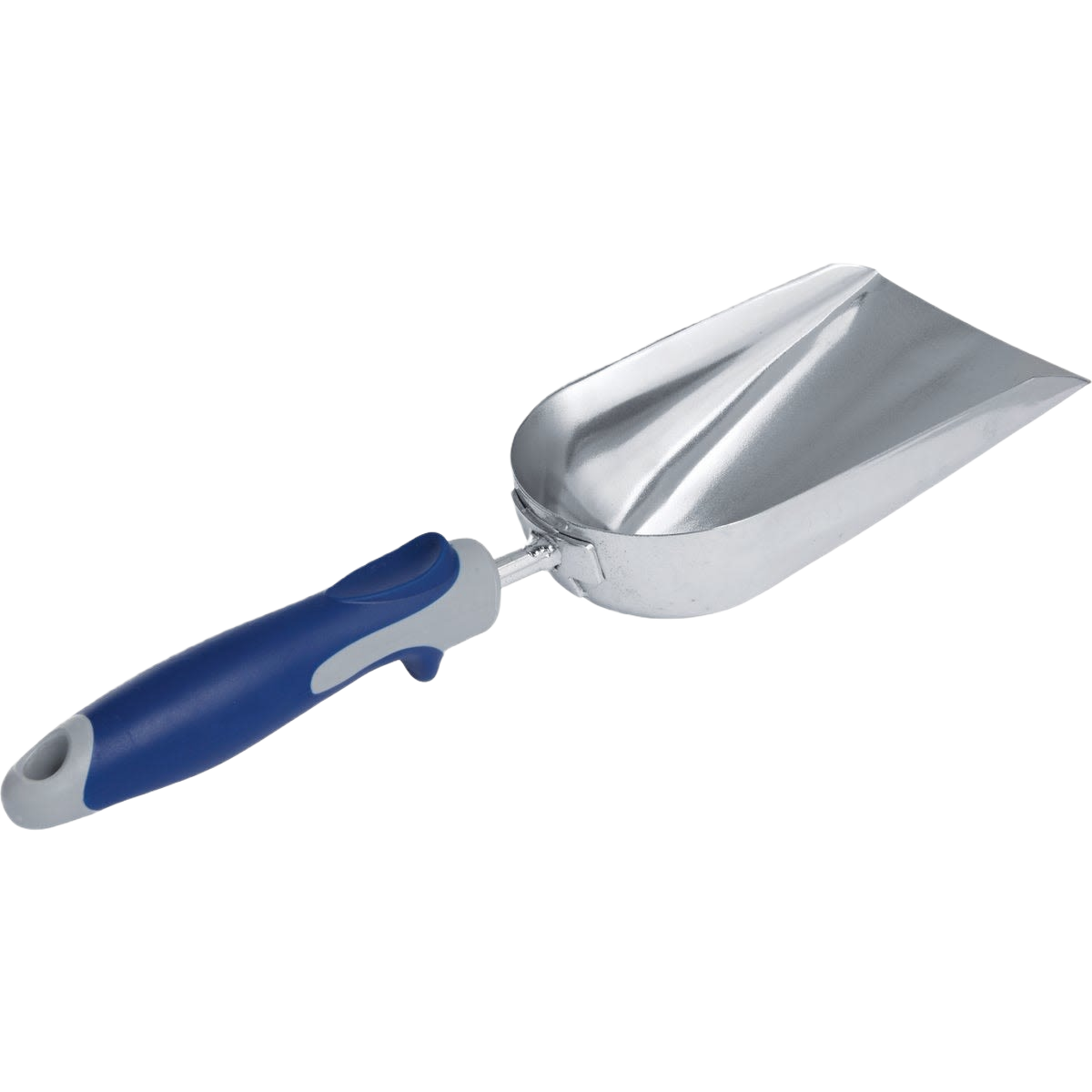 Metal hand scoop with blue and gray poly handle for gardening and home improvement tasks