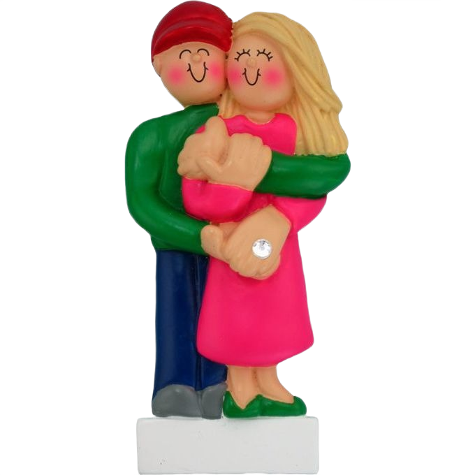 Couple figurine embracing with blonde woman in pink dress showing engagement ring for Christmas tree decor under $50 collection