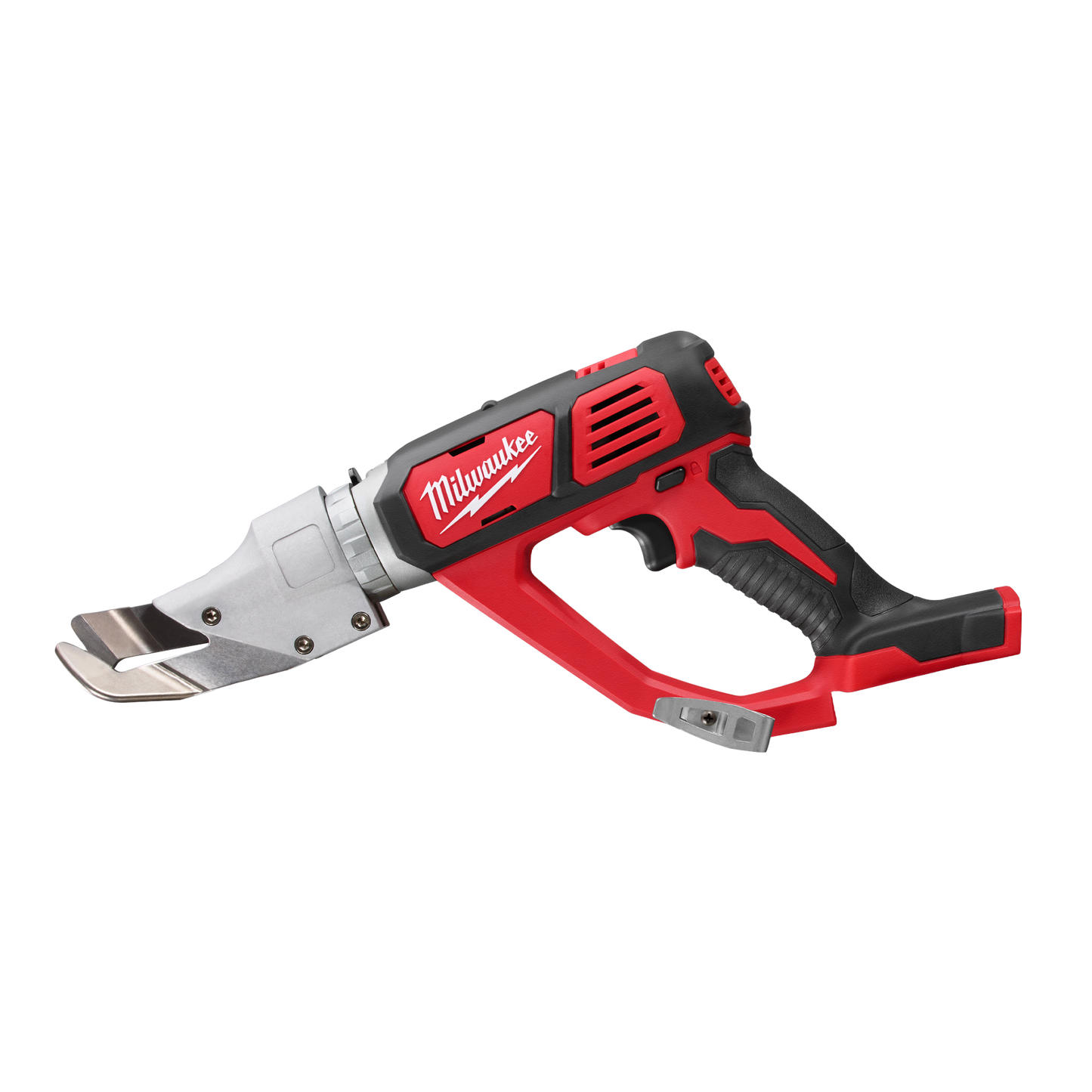 Cordless red and black 18 gauge single cut shear tool designed for precise metal cutting in home improvement tasks