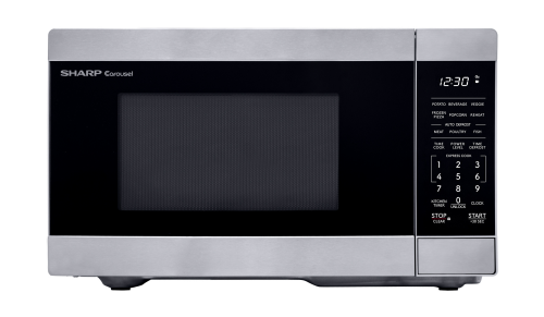 Compact 0.9 cu. ft. countertop microwave oven in stainless steel with digital control panel and preset cooking options for kitchen and appliance collections.