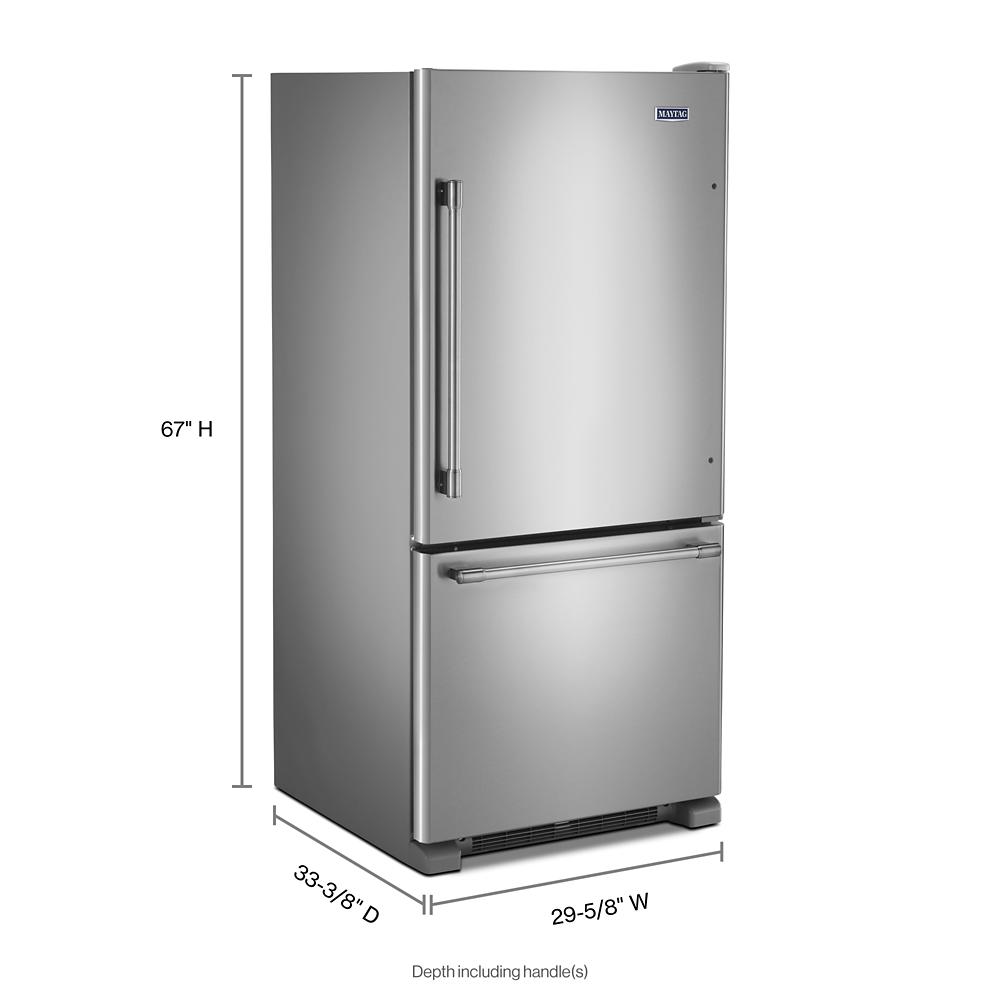 30-inch fingerprint resistant stainless steel bottom freezer refrigerator with modern handles in kitchen appliances collection