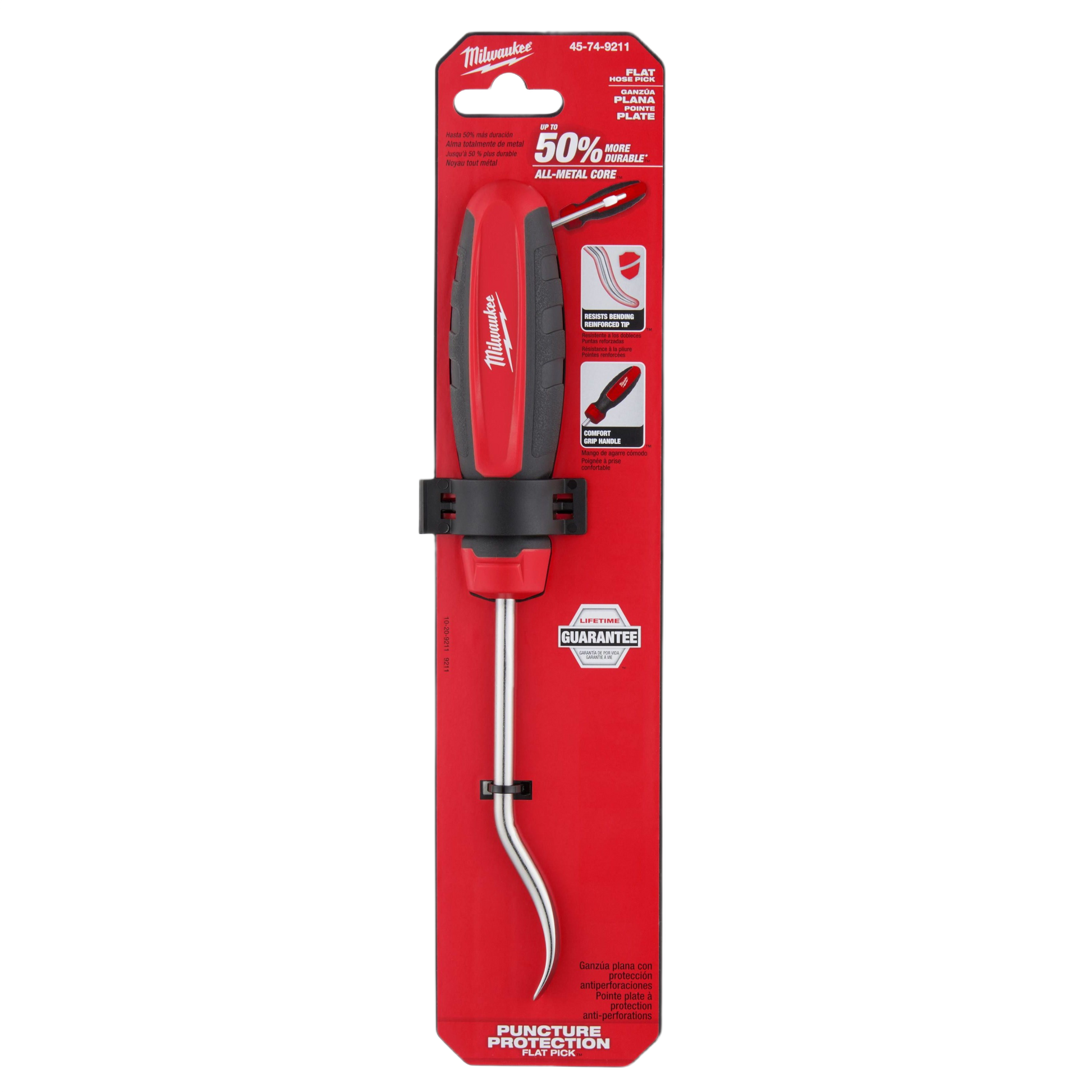 Red comfort grip flat hose pick with angled metal tip for tools and home improvement tasks