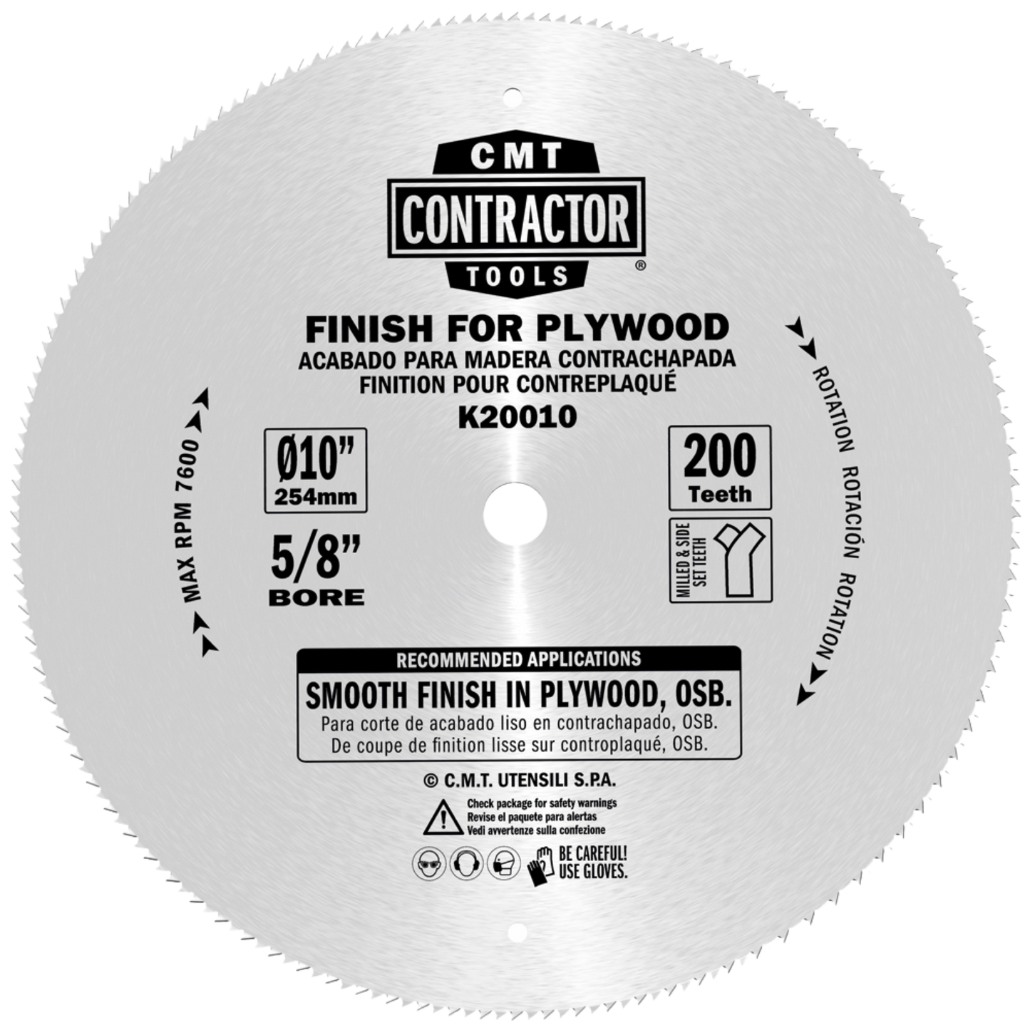 CMT Orange Tools 10" 200T Contractor Finish Saw Blade For Plywood 10’’x0.094”/0.071”X5/8” <>  T=200