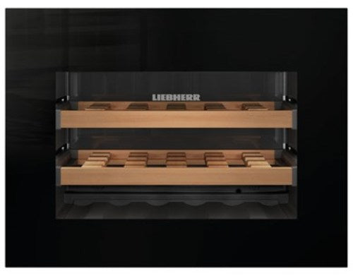 Black built-in wine storage cabinet with wooden racks and glass door in kitchen and refrigerator appliances collection