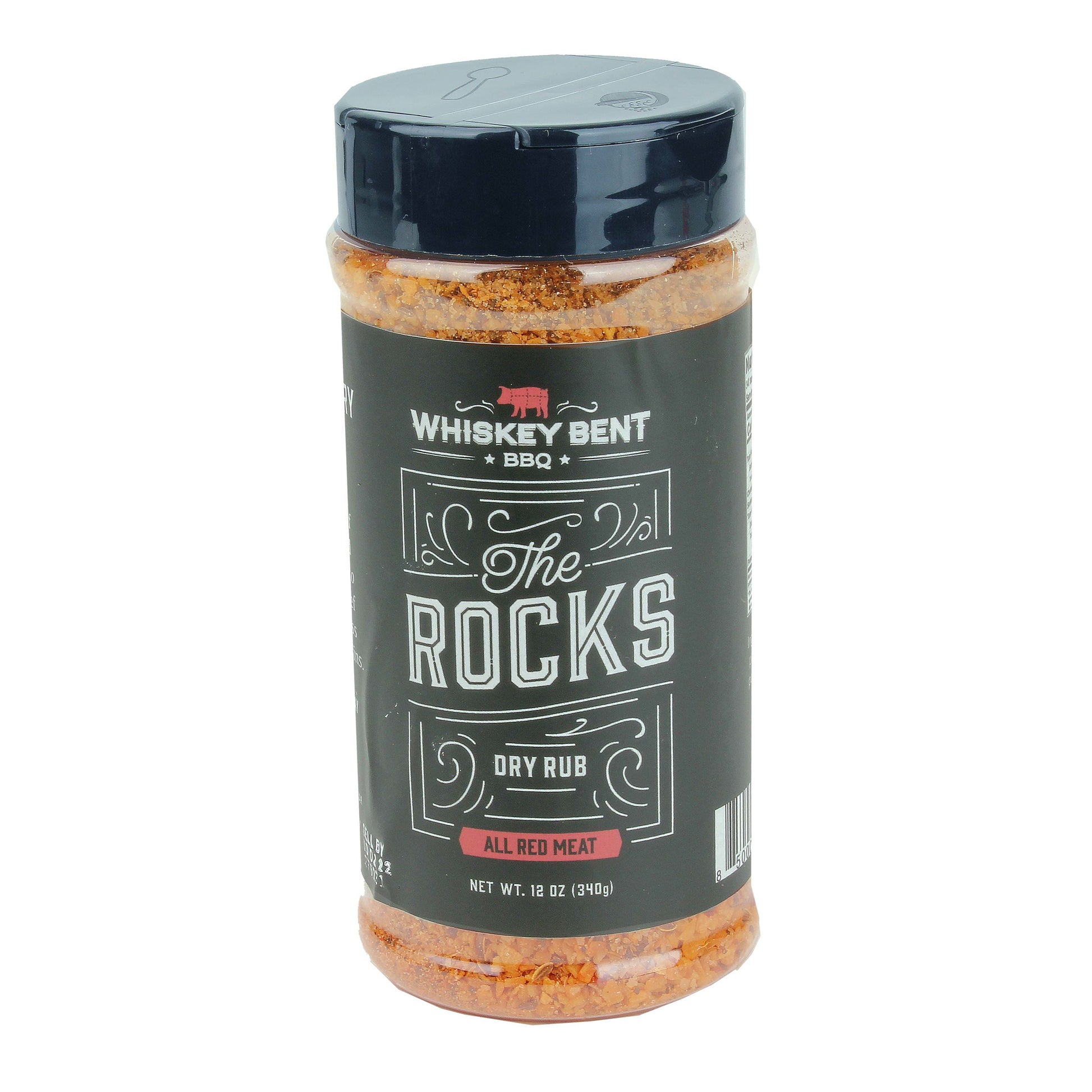 Clear plastic spice jar with black lid containing red gluten-free dry rub seasoning for BBQ meat grilling and smoking