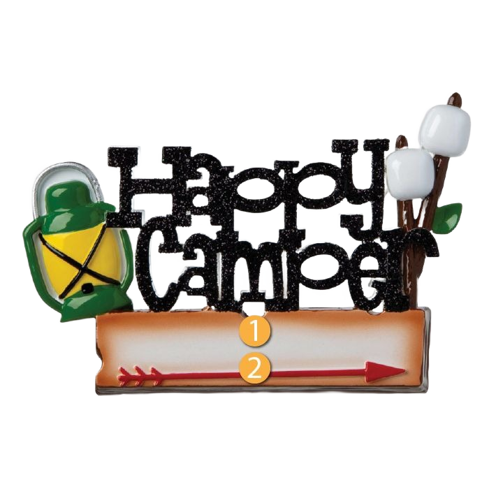 Christmas ornament featuring "Happy Camper" text with lantern, marshmallows on sticks, and customizable sign under $50 collection
