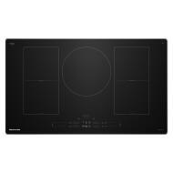 Black glass induction cooktop featuring five cooking zones with touch controls from KitchenAid appliances collection
