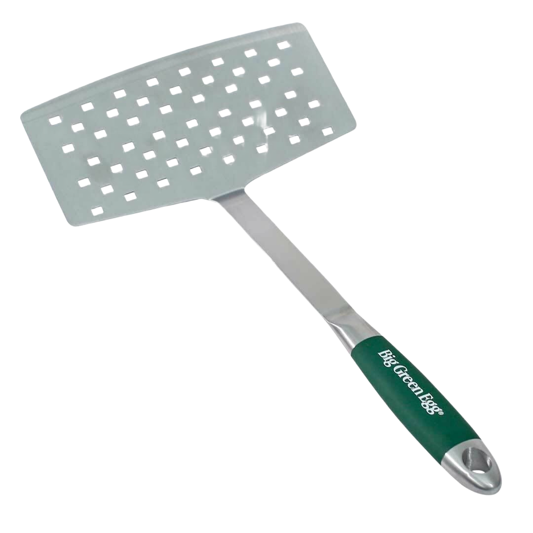 Stainless steel wide spatula with perforated blade and green handle for grilling and outdoor cooking tools and home improvement