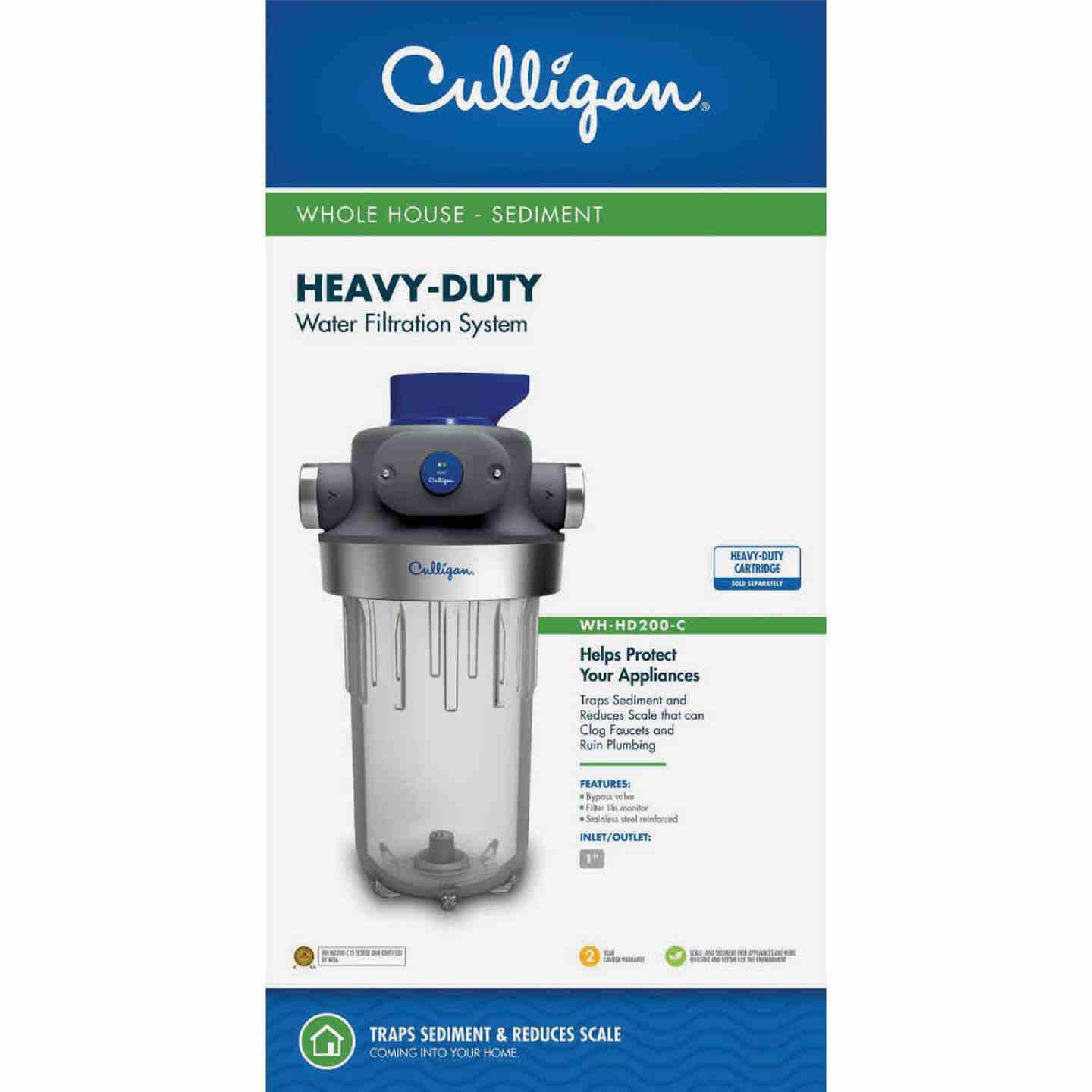 Culligan heavy-duty whole house sediment filter unit with clear housing and blue control valve for home water protection
