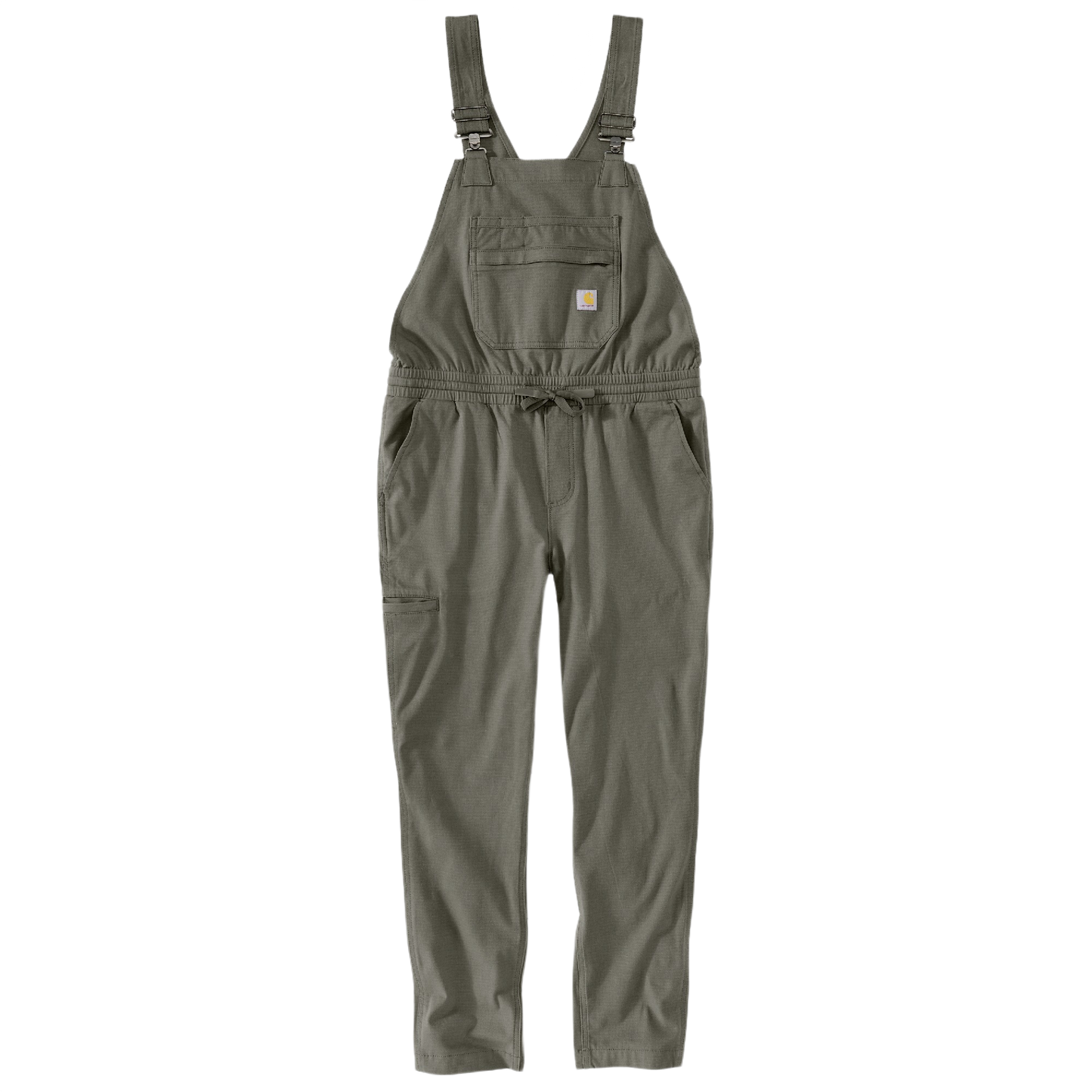 Women's dusty olive ripstop bib overalls with adjustable straps and multiple front pockets for durable workwear