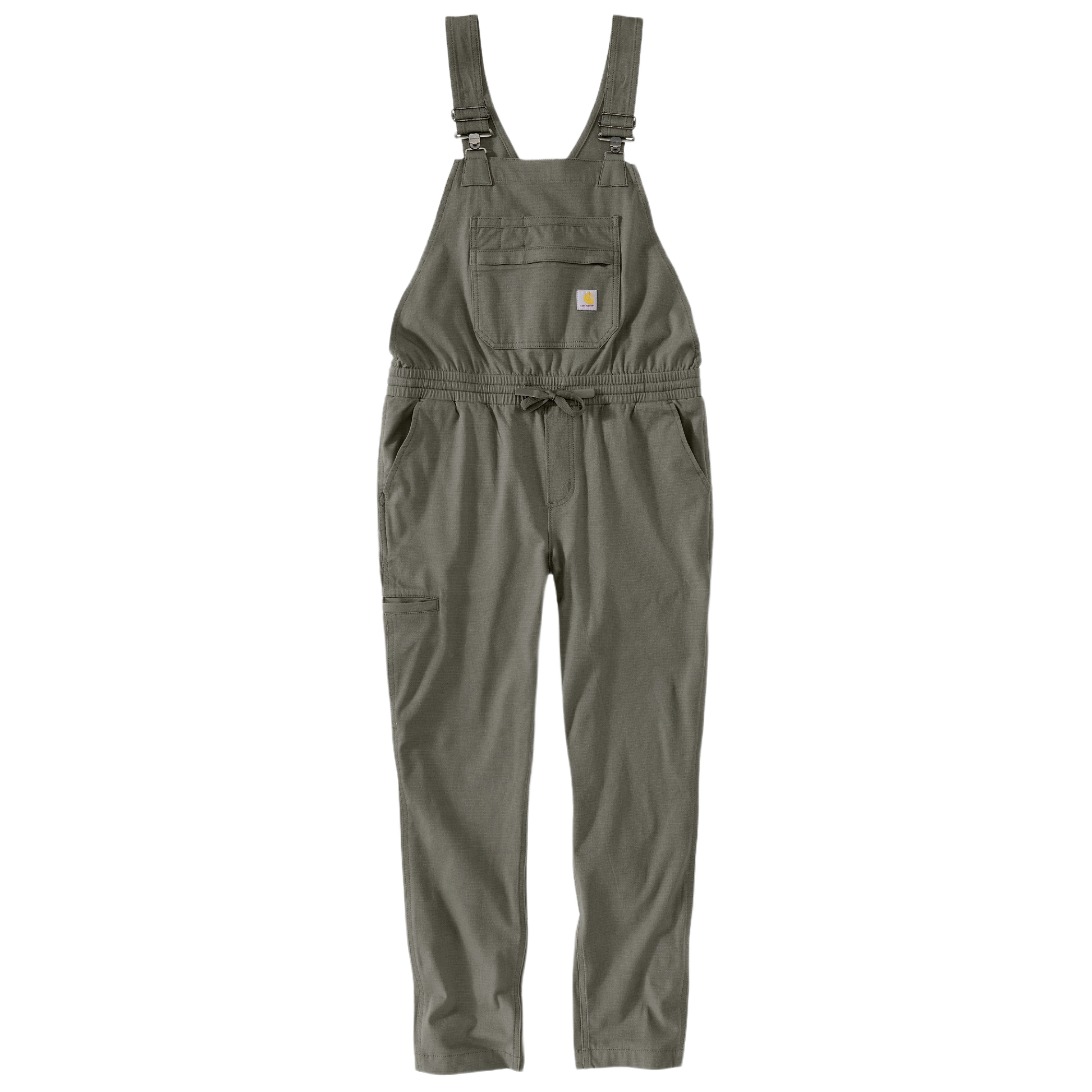 Women's dusty olive ripstop bib overalls with adjustable straps and multiple front pockets for durable workwear