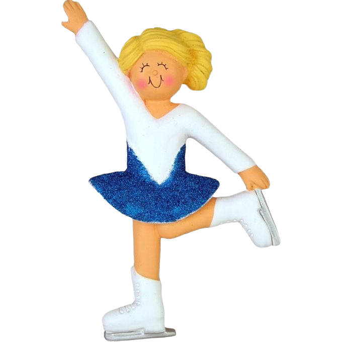 Blonde female ice skater ornament wearing a white and blue outfit for Christmas decorations under $50 collection