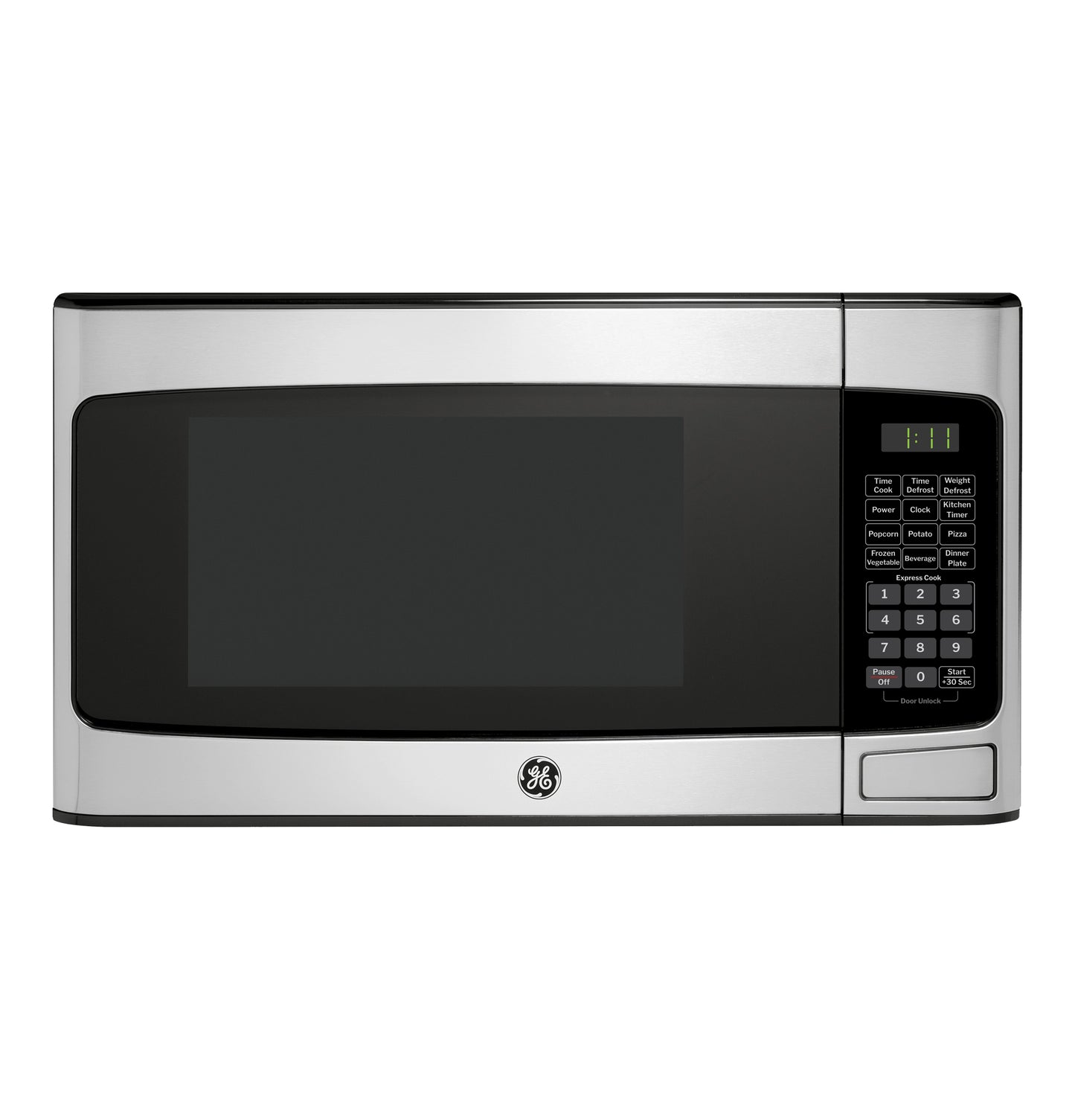 Front view of stainless steel countertop microwave with digital keypad and display in kitchen appliances collection