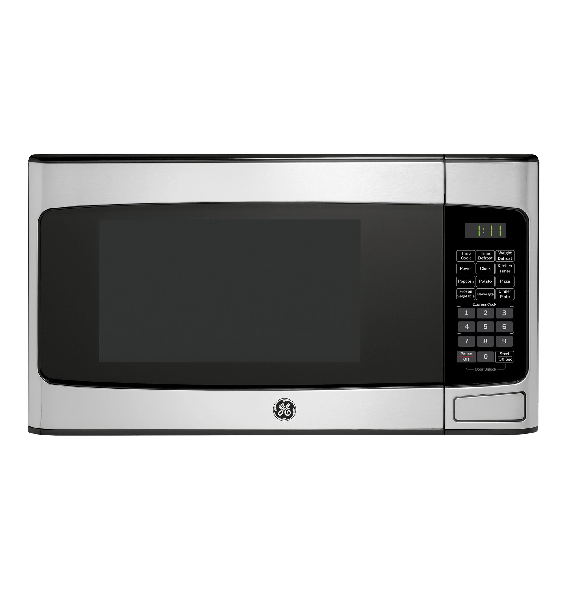 Front view of stainless steel countertop microwave with digital keypad and display in kitchen appliances collection
