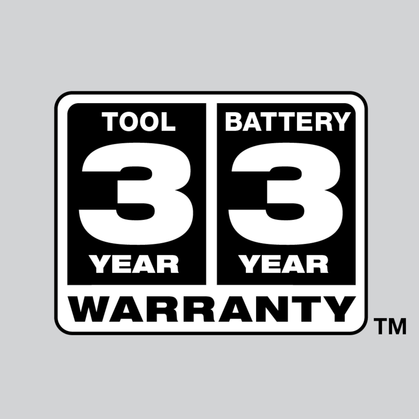 Black and white graphic showing a 3-year tool and 3-year battery warranty notification on gray background