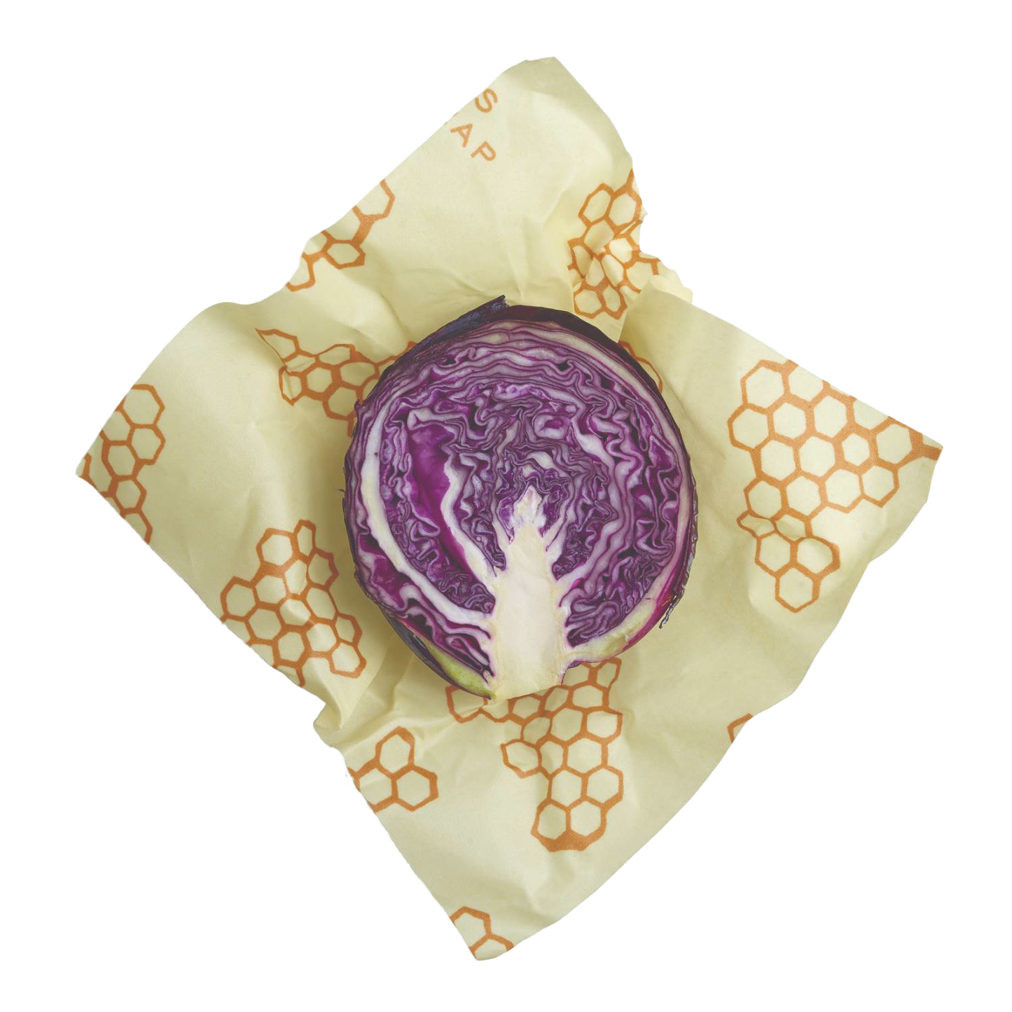 Large beeswax honeycomb-patterned food wrap holding half a purple cabbage for kitchen and food storage use