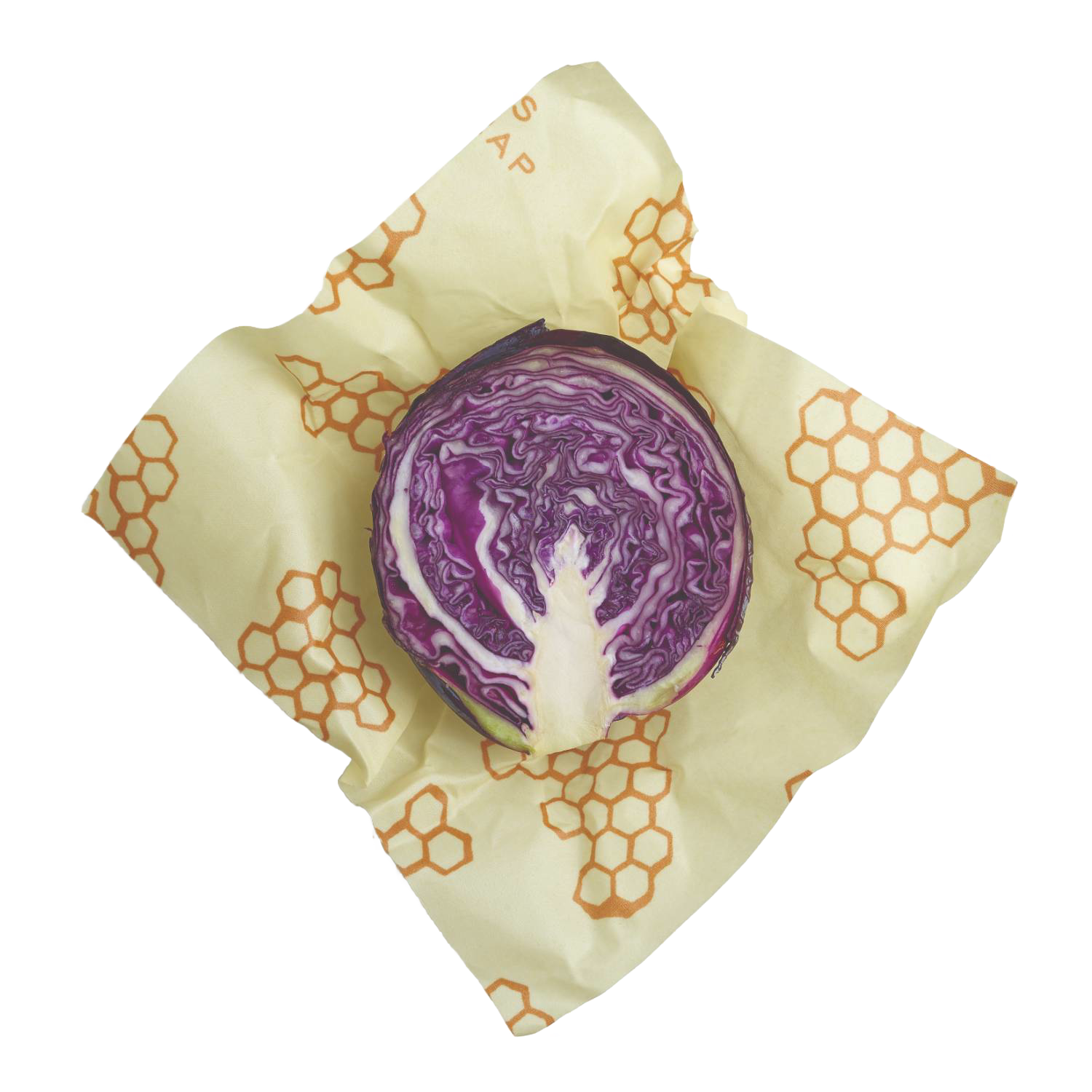 Large beeswax honeycomb-patterned food wrap holding half a purple cabbage for kitchen and food storage use