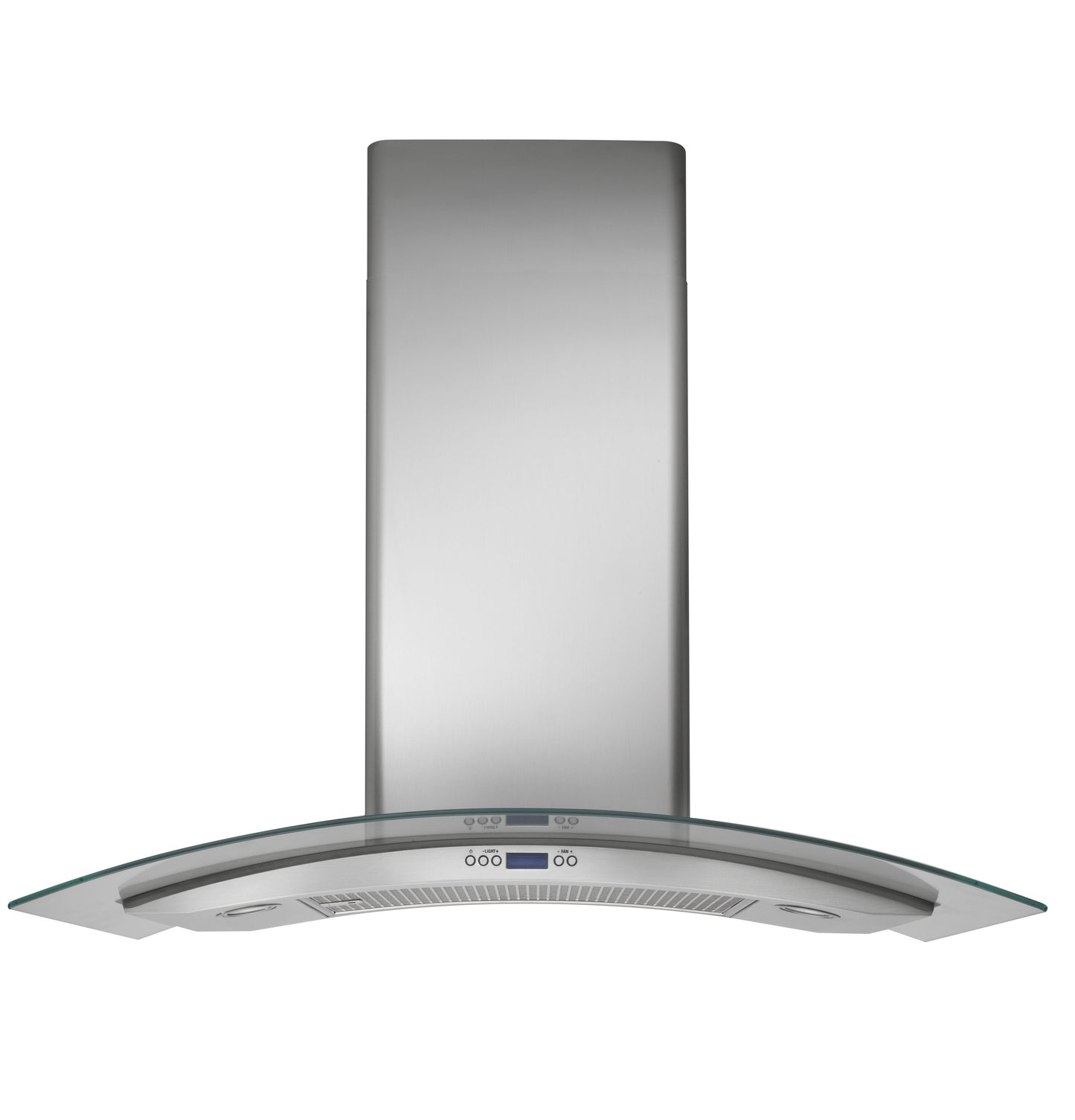 Stainless steel wall-mounted range hood with curved glass canopy and digital control panel in kitchen appliances collection