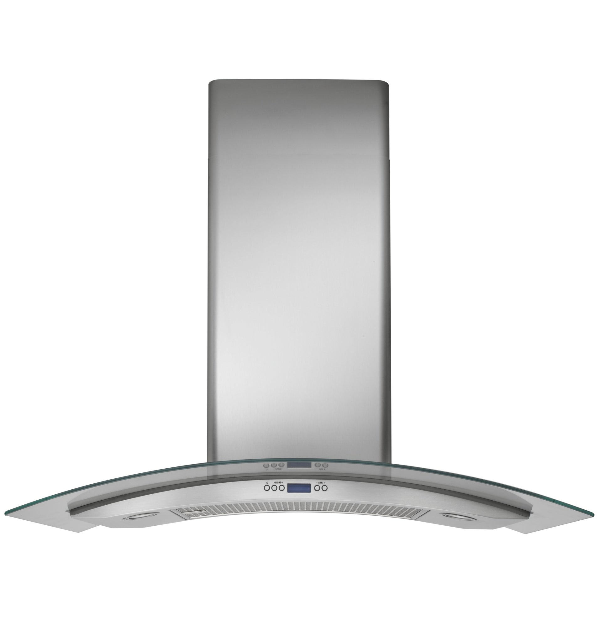 Stainless steel wall-mounted range hood with curved glass canopy and digital control panel in kitchen appliances collection