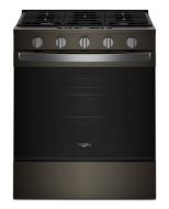 30-inch gas smart range with dark stainless steel finish, five control knobs, and large oven door in Ranges and Appliances collections