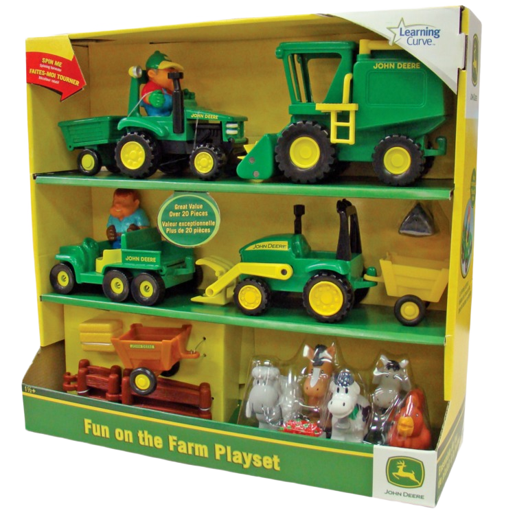 Children's farm playset featuring green tractors, farm equipment, animals, and farmer figures for imaginative play