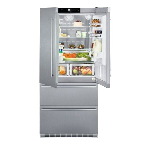 stainless steel freestanding French door refrigerator with open doors showing organized shelves and bottom freezer drawers in appliances collection