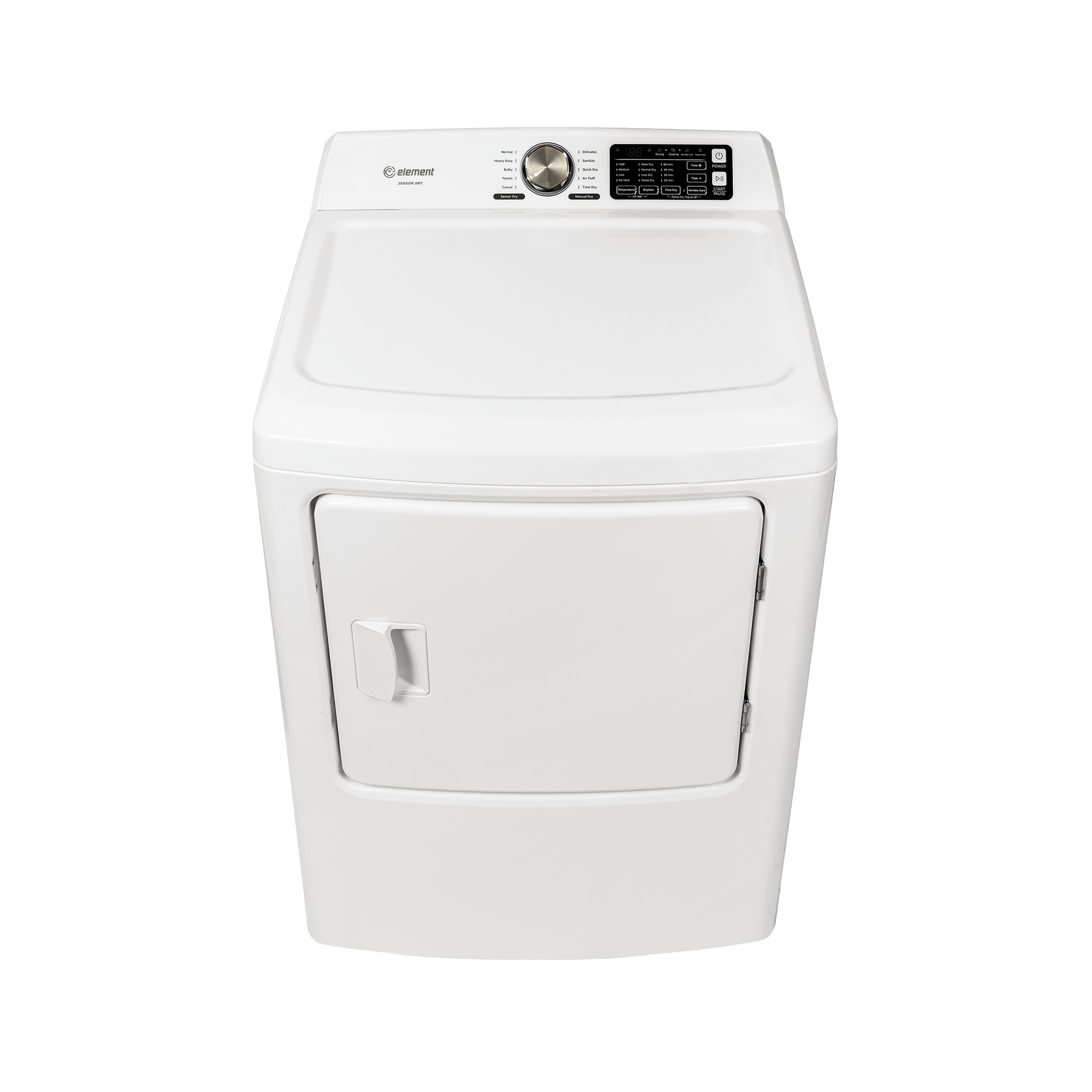 White front load gas dryer with digital display and control knob from appliances and dryers collection