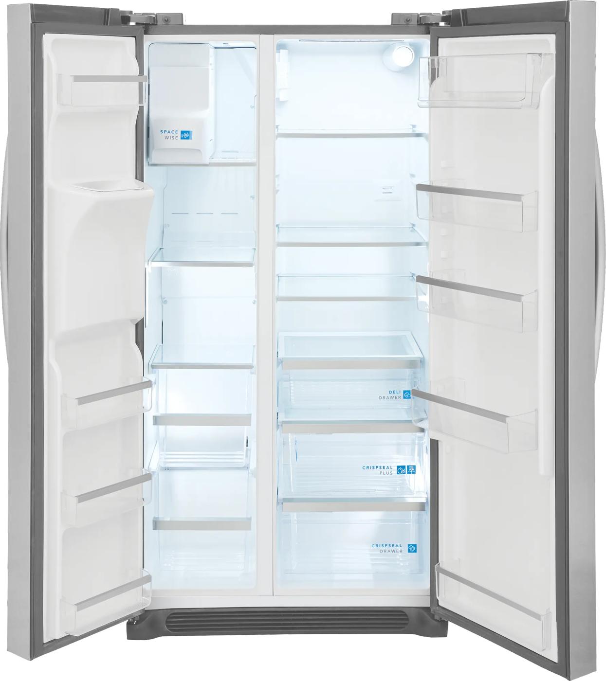 Open 36-inch counter-depth side-by-side refrigerator in pearl steel with CrispSeal Plus crisper from Appliances collection