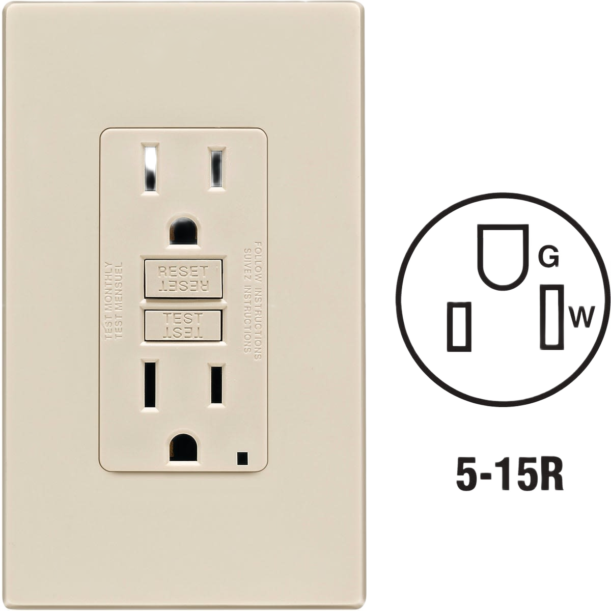 Light almond screwless wall plate with self-test GFCI outlet featuring reset and test buttons for home safety.