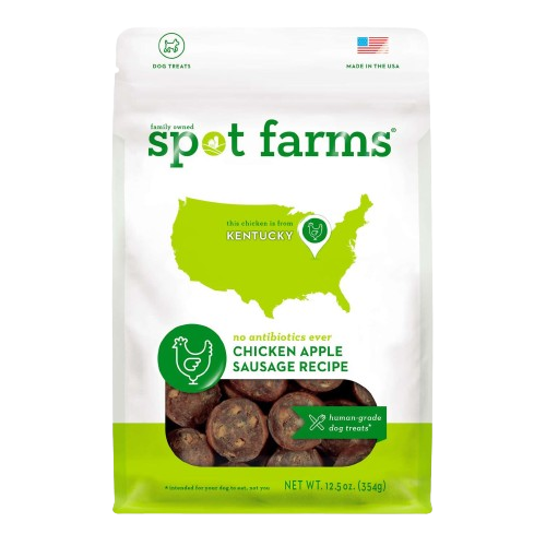 Resealable bag of antibiotic-free chicken apple sausage dog treats made in the USA, under $50 pet supplies