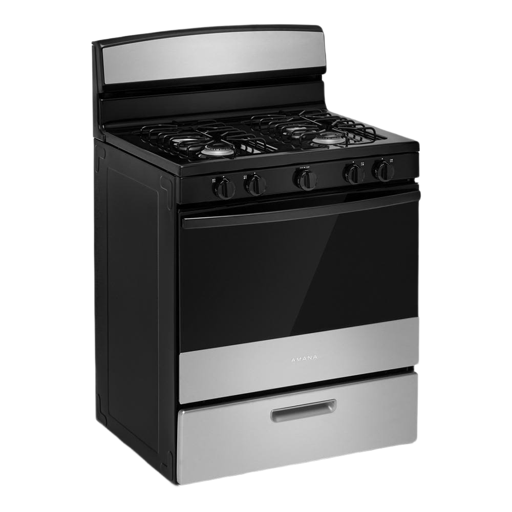 30-inch black and stainless steel gas range with four burners and easy-clean glass oven door in gas ranges collection