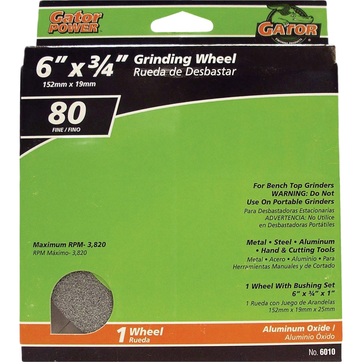 Green and black packaging for a Gator brand 6-inch bench grinding wheel with 80 grit for tools and home improvement