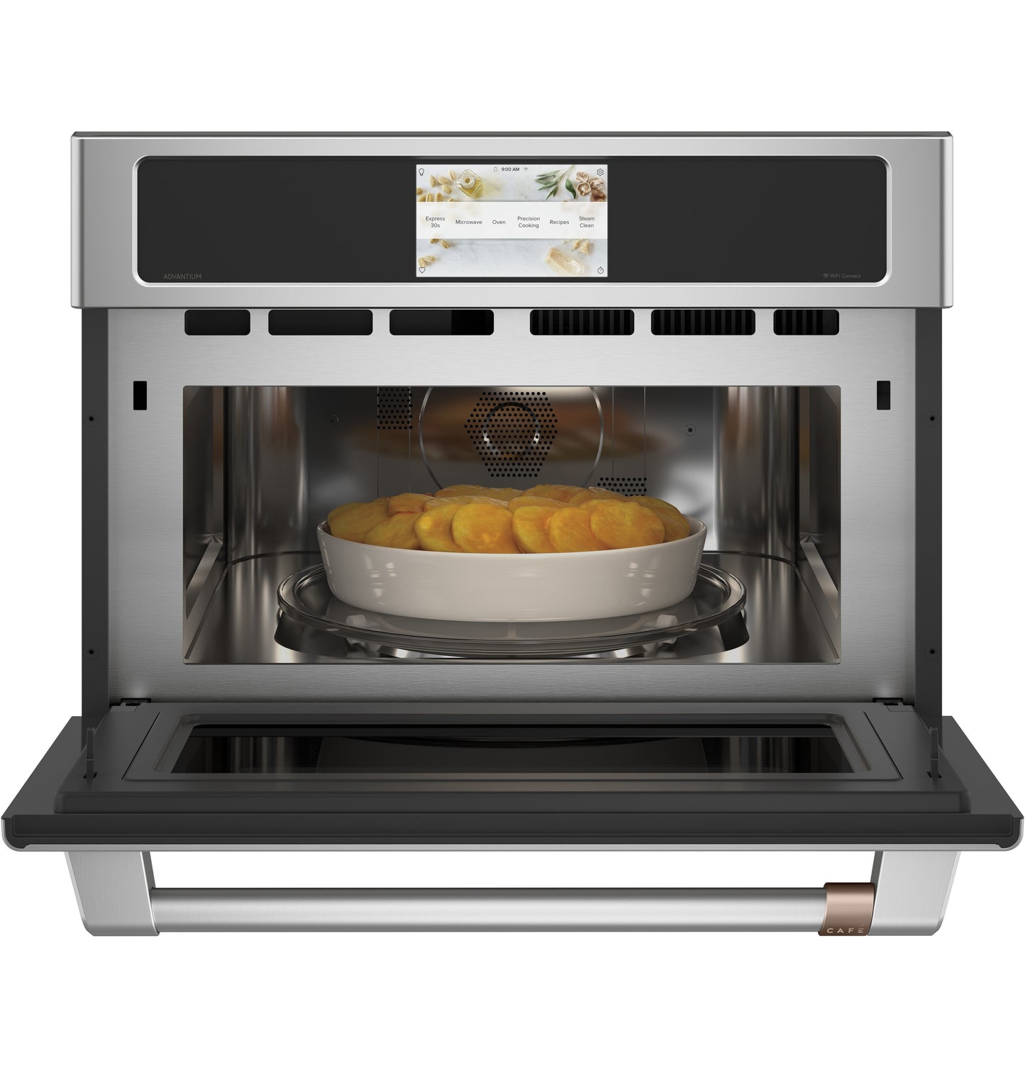 Open stainless steel speed cook oven with digital touch screen and dish inside from Wall Ovens and Appliances collections
