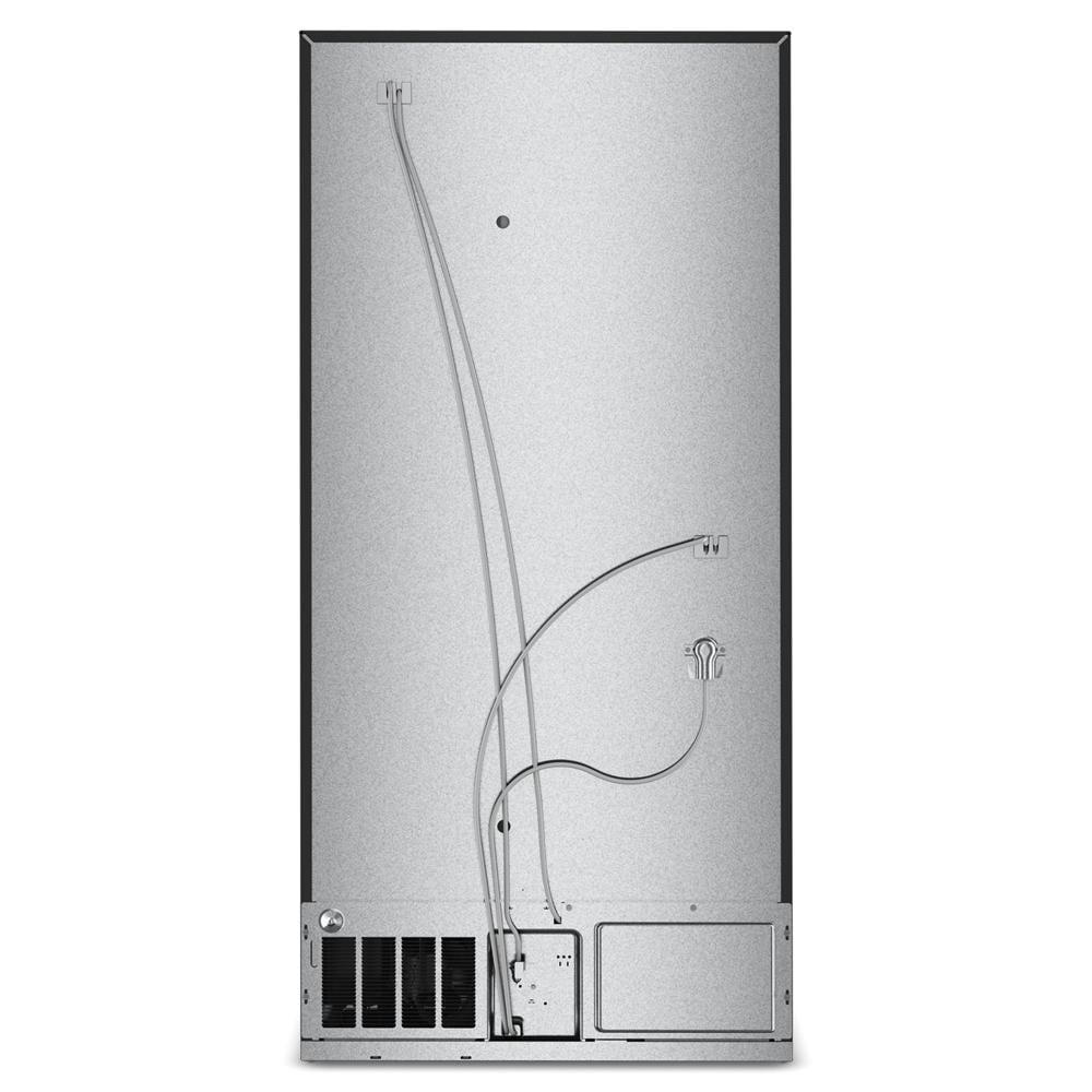 Back view of stainless steel standard-depth bottom mount refrigerator in KitchenAid kitchen appliances collection