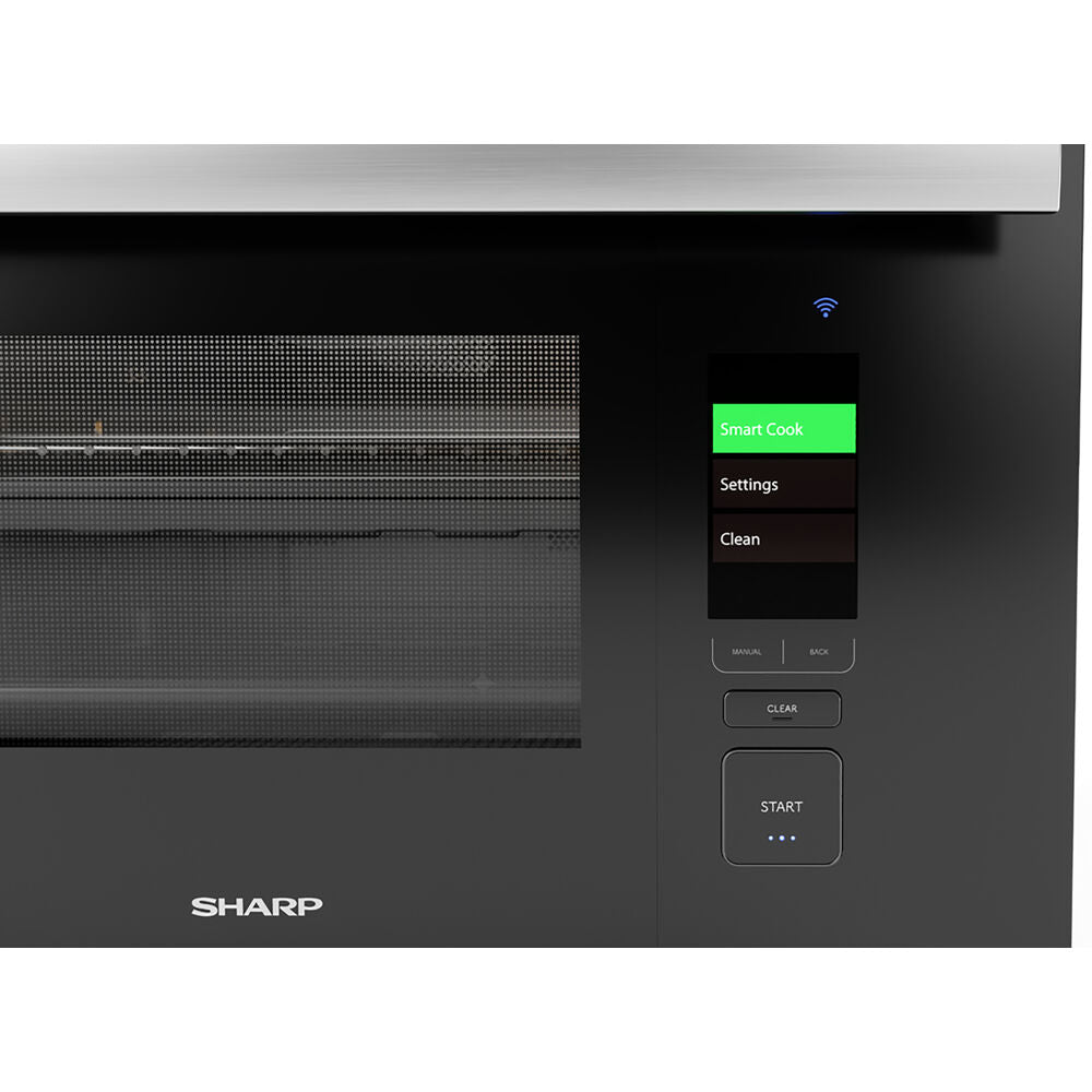 Close-up of black built-in wall oven control panel with digital display showing Smart Cook and Wi-Fi symbol