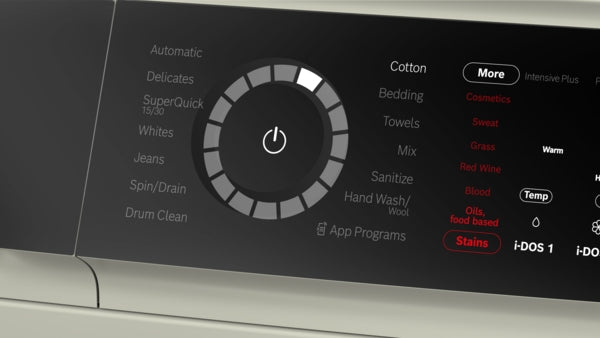 Close-up of control panel and program dial on compact front load washer in Pearl Steel for Bosch washers collection