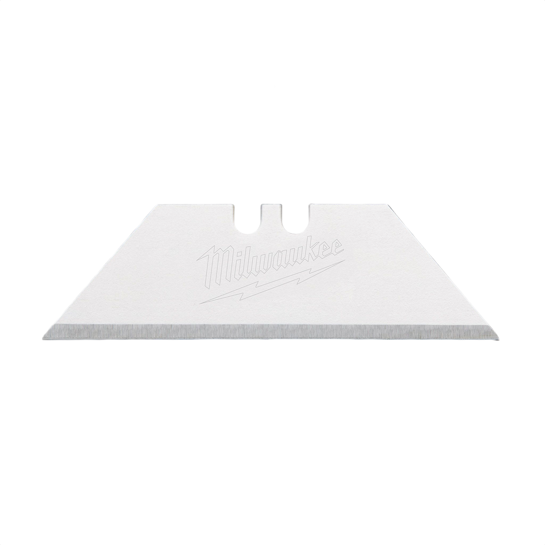Silver utility knife blade with sharp cutting edge and embossed branding for home improvement tools and projects