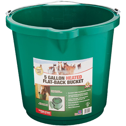 Green 5-gallon flat-back heated bucket designed for livestock use with durable plastic construction and spout for pouring