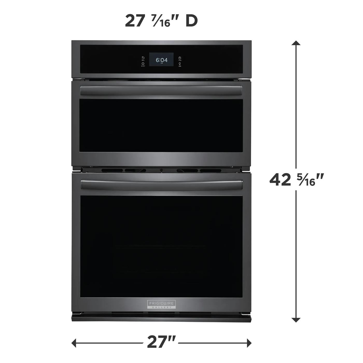 Front view of black stainless steel 27-inch electric wall oven and microwave combo with digital clock and dimensions shown