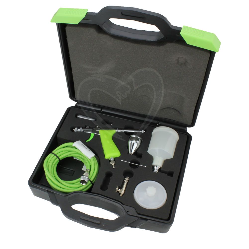 Compact case with green-accented micro spray gun, hose, and accessories for paint sprayers and home improvement tools