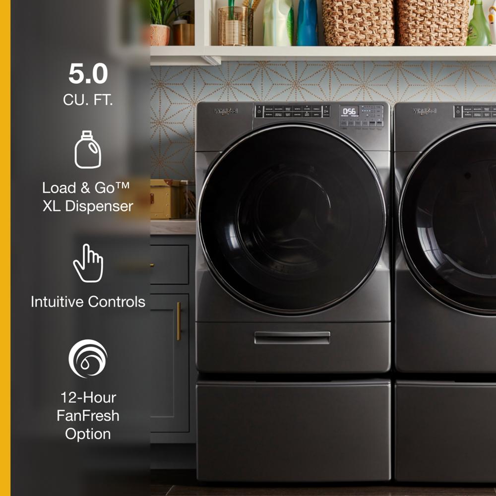 Dark gray front load washer with digital display and matching dryer in modern laundry room setup from washers collection
