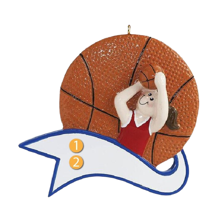 Basketball ornament featuring girl dunking with large textured basketball and customizable banner for Christmas decor