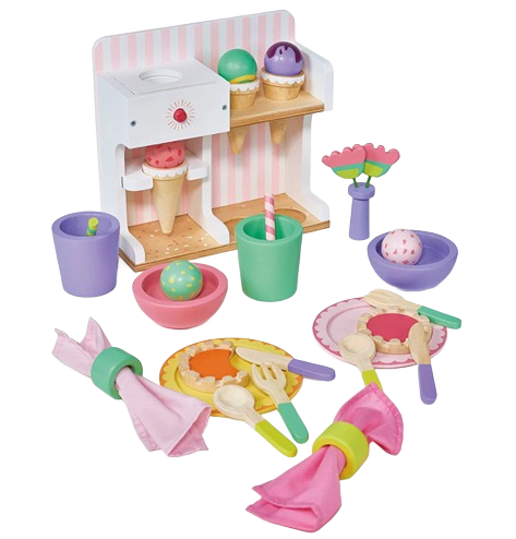Wooden toy set with pastel ice cream kiosk, cones, scoops, bowls, utensils, and napkins for imaginative play.