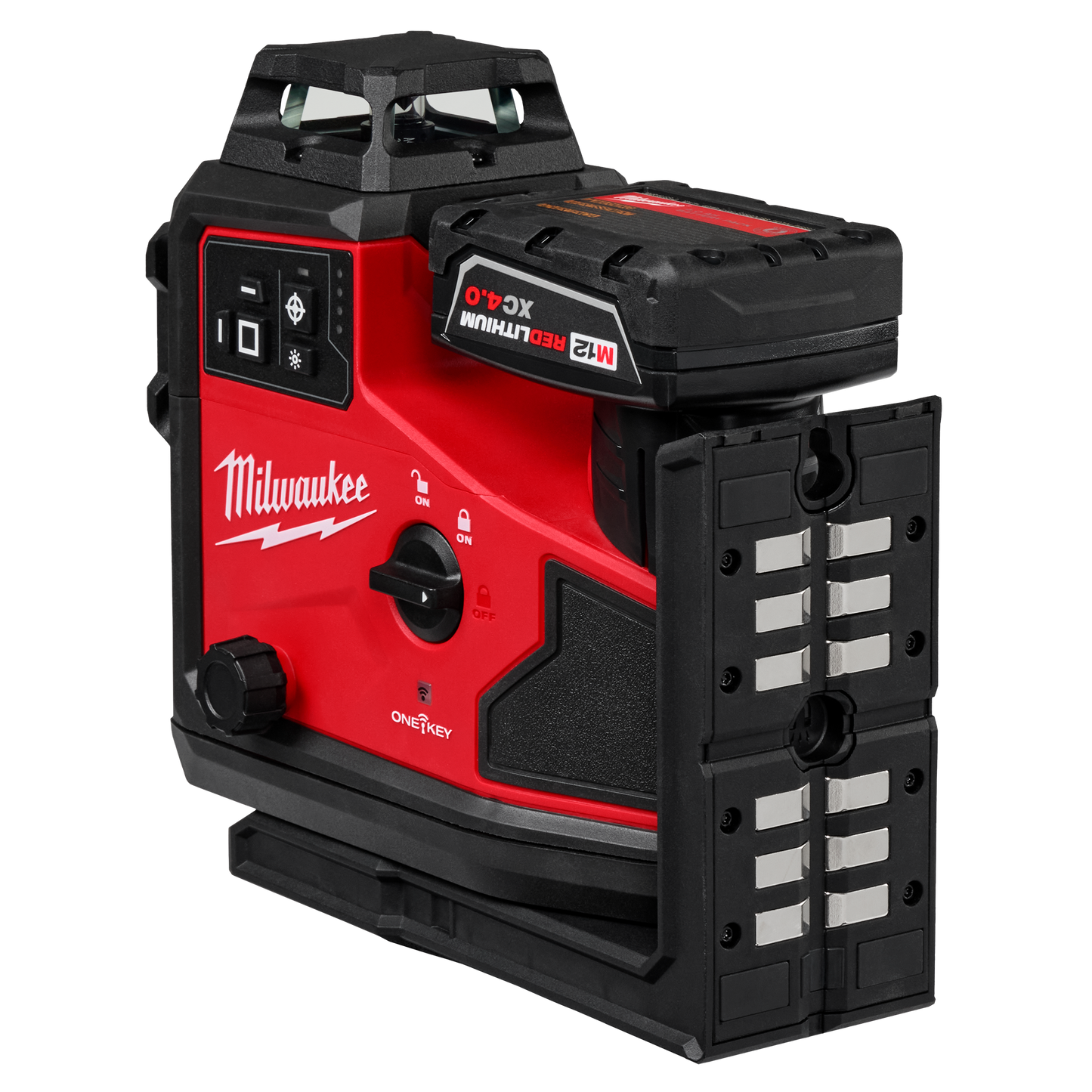 Red and black Milwaukee laser level with 360-degree green laser and automatic alignment for tools and home improvement projects