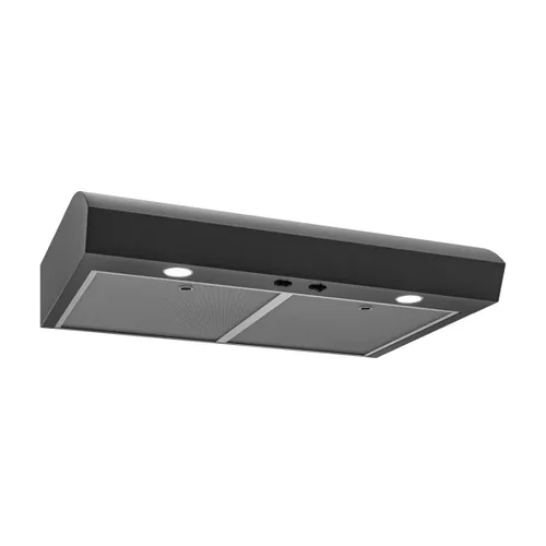 Under cabinet range hood in black with dual mesh filters and built-in LED lights from Over the Range Hoods collection
