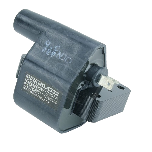 Black automotive electrical coil with metal terminal and mounting bracket for John Deere engine and mechanic tools collections