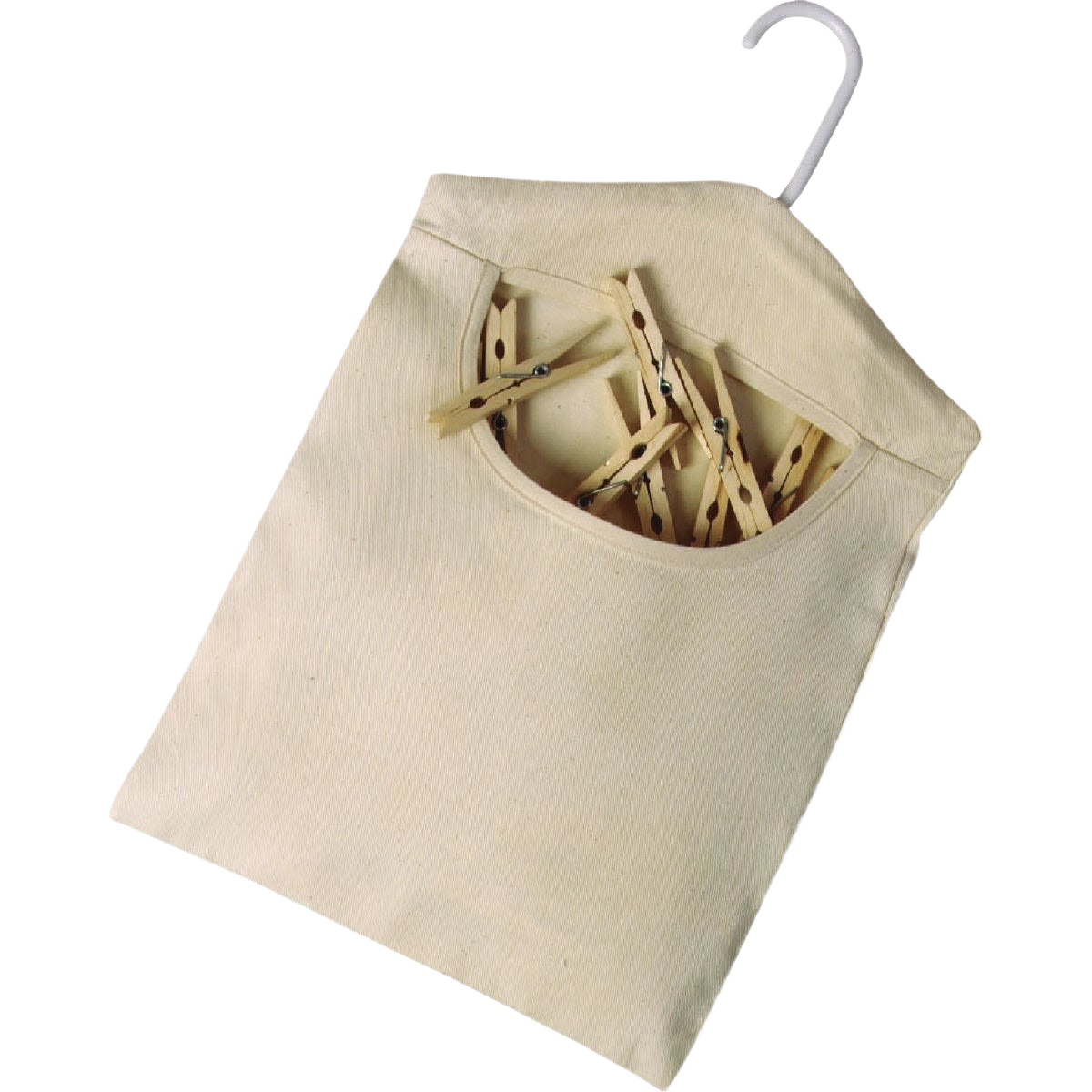 Natural cotton canvas clothespin bag with plastic hanger, ideal for laundry supplies and household cleaning items under $50.