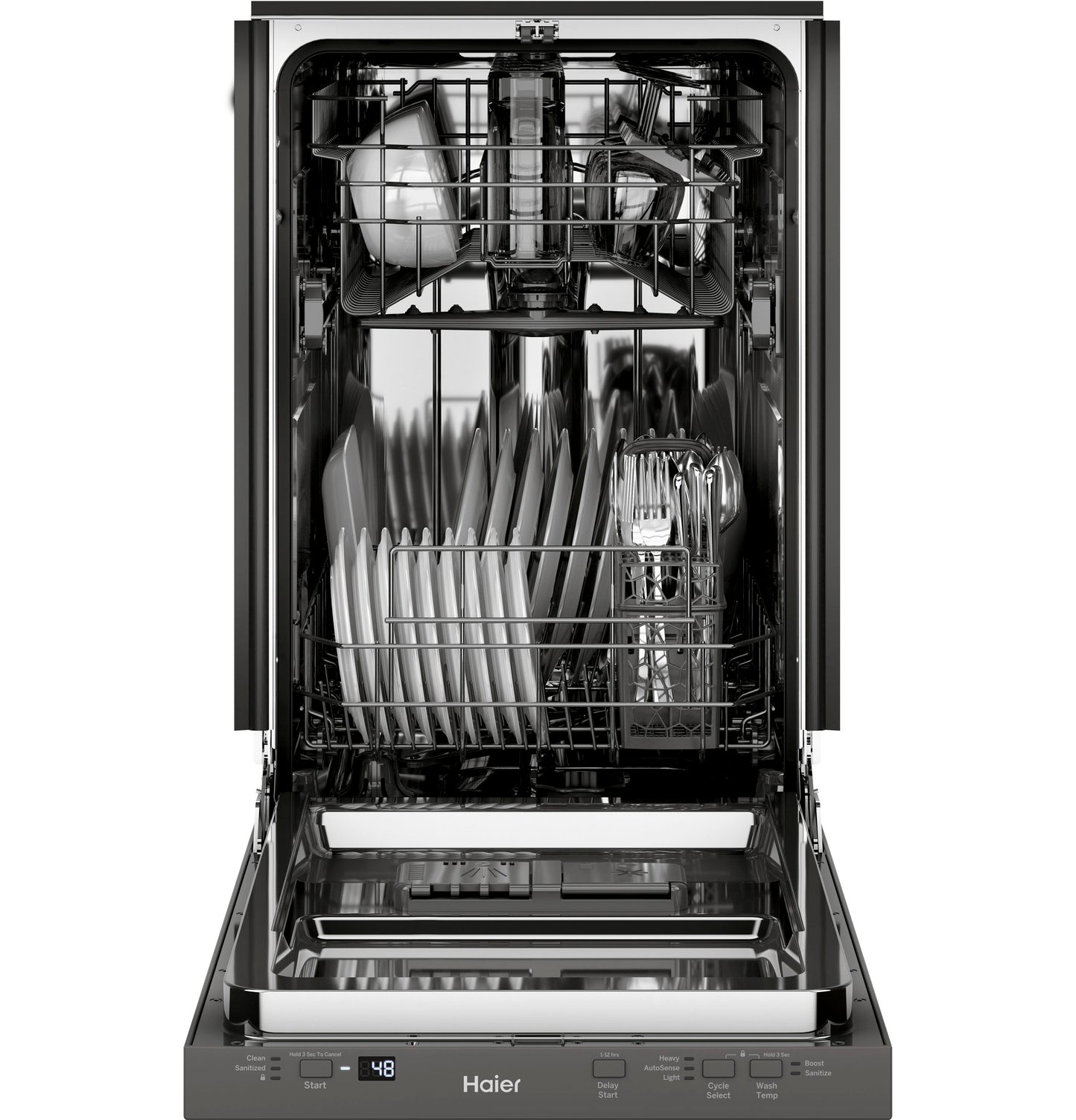 Open Haier built-in dishwasher with stainless steel interior, adjustable racks, and loaded with dishes from kitchen appliances collection