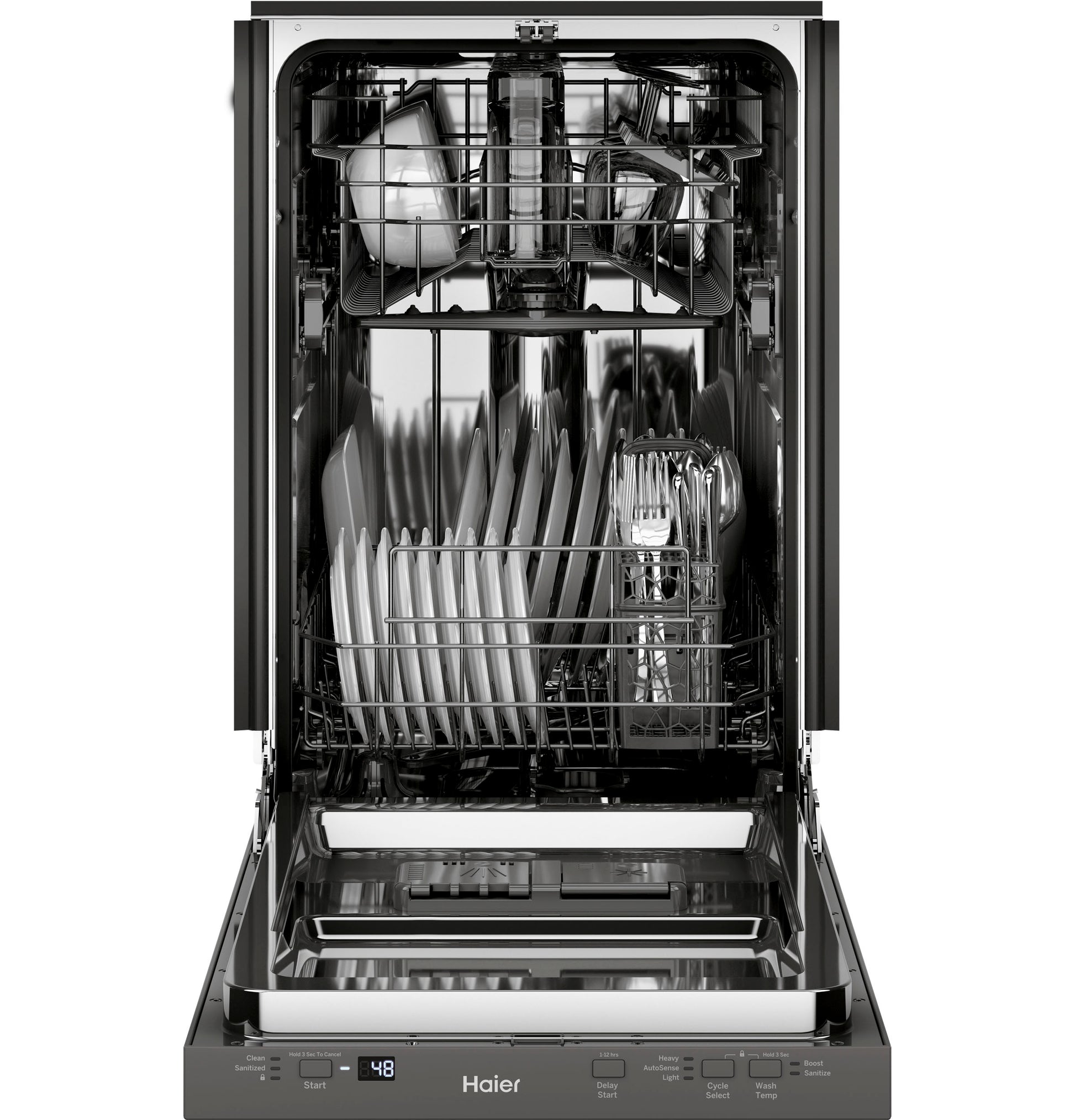 Open Haier built-in dishwasher with stainless steel interior, adjustable racks, and loaded with dishes from kitchen appliances collection