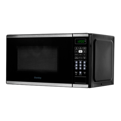 Compact black countertop microwave with digital display and keypad controls for kitchen appliance use